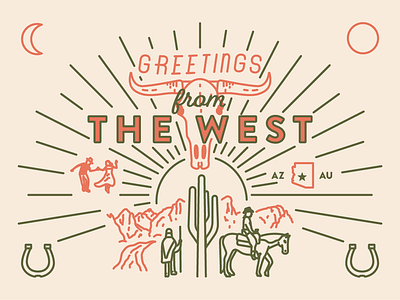 Greetings from the West arizona cowboy dancing greetings horseshoe illustration the west west