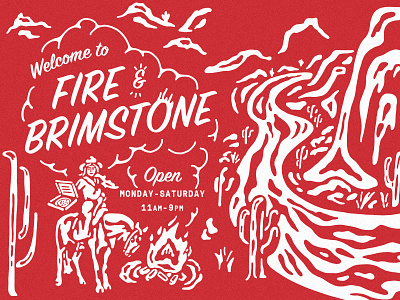 Fire & Brimstone cactus cowgirl illustration desert illustration fire fire and brimstone horse illustration one color pizza restaurant design restuarant graphics