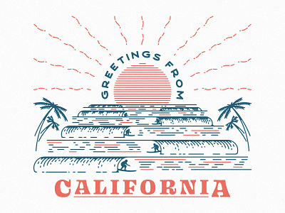 Greetings From California beach cali california letterpress letterpressed postcard mahalo ocean palm trees postcard sunset surfer waves