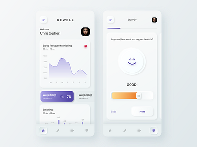 BEWELL Health Monitoring Application app card dashboard design design fitness app health app mobile ui neumorphic design neumorphism skeuomorphism ui ux vector white ui whitespace