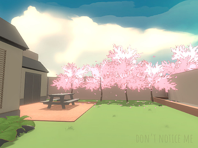 Don't Notice Me 3d backyard cherryblossom clouds game happy illustration indie kawaii petals sky tree