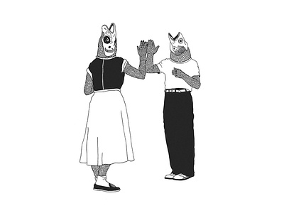 Mr. and Mrs. Fishhead black white handdrawn illustration ink