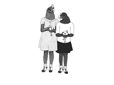 The Chicken Sisters black white chickens dots handdrawn illustration ink sisters