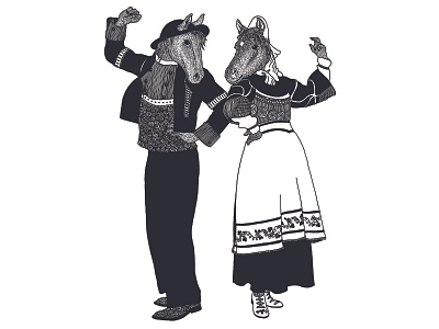 Pete & Mary black white dance design dots folklore handdrawn horses illustration ink neighbors