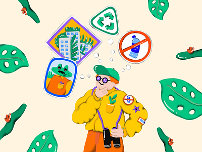 Recycling nature expert binoculars character character design green grow handdrawn illustration leaves natural nature nature illustration nature logo no plastic procreate protector ranger recycle sustainable trash upcycle
