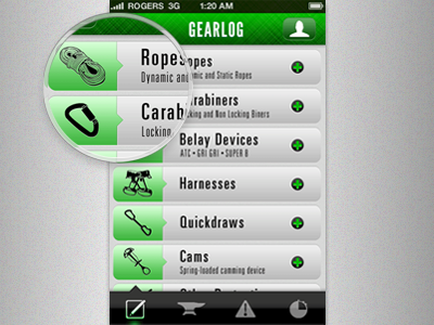 GearLog UI app climbing gear green icons iphone log ui zoom