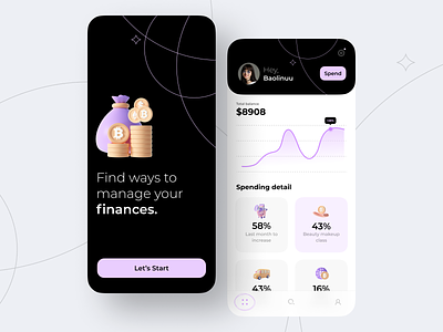 Consumption Page app bank app black design finance finance app gold coins icon investment mobile app money purple stocks ui user interface ux