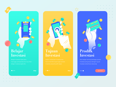 Stock investment app- guide page app blue branding design financial green guide page icon illustration illustrator landing management skip typography ui ux yellow