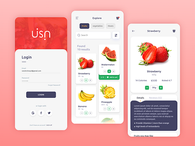 Uisin - Store app branding design food fruits graphic design layout logo minimal mobile product red ui