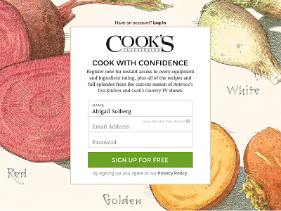 Registration Modal For Cook's Illustrated Online design form register sketch ui