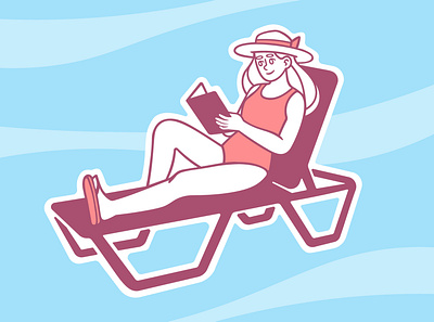 Girl on a Sun Lounger blue book girl hat illustrations illustrator pink procreate speedpaint summer sunbed sunset vector