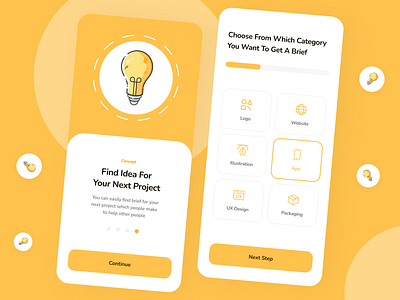 Brief Idea Generator App 2021 app application brief clean idea interface minimal minimalism mobile onboarding orange ui ui design uidesign white