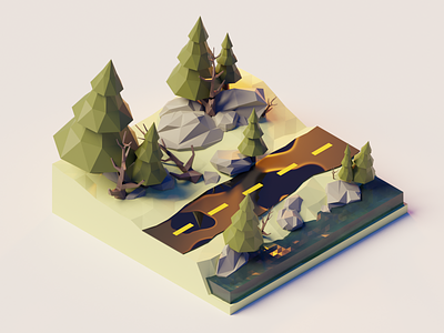 Forest Road 3d blender forest forest road illustration isomentric lowpoly morning polygon polygonrunway water