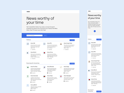 Axios Newsletters Sign Up Page desktop mobile news newsletters product design publishing ui ux web webdesign webflow website