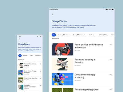Axios App: Deep Dives archive design design systems digital product design mobile app news news app product design publishing ui uiux