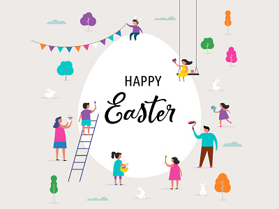 Easter card bunny city colorful different easter egg fair family happy miniature painting people