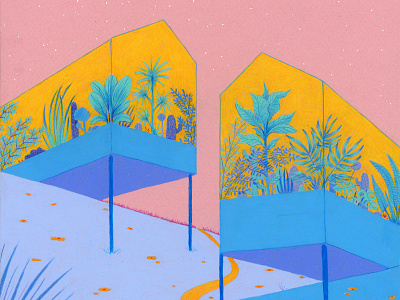 Dream Houses achitecture botanics coloured pencil drawing greenhouse illustration landscape natalie foss night pink sky plants scenery visual arts