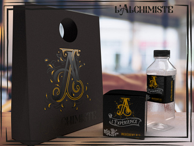 Packaging for L'Alchimiste, french cocktail lab concept bar cocktail drinks pack typo