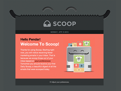 Scoop Welcome Email character colorful colors email email design flat illustration inbox orange red robot scoop spam welcome