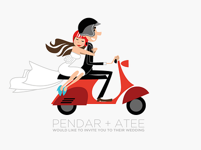 Wedding Illustration bike bride card groom helmet pendar red scooter riding scooter vespa wedding