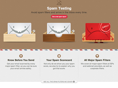 Spam Testing brown email envelope homepage illustration landing page mail spam web website