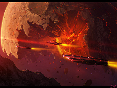 Openhearted art concept art fire igor vitkovskiy illustration lava openhearted planet red ships space