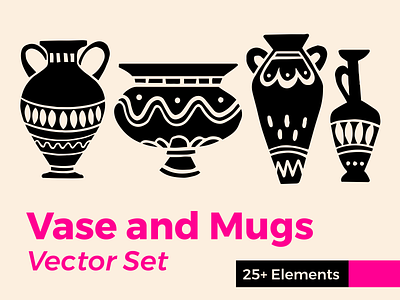 Vase and Mugs vector set illustration linocut linoprint mugs vase