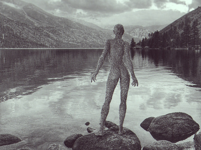 One with nature s beauty female lake nature. monochrome outdoors sculpture standing water wire statue wire woman sculpture