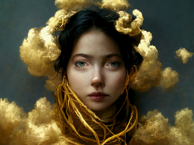 Wrapped in spun gold artwork dream ethereal fashion femininity glamour gold headshot magical realism photoshop portrait square surreal young adult