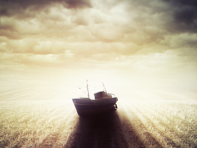 Ambitions Abandoned abandoned aground ambitions art beached boat boat in field clouds field glow gold journey landscape light manipulation passage photo purple shadow surreal