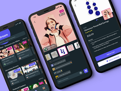 Live Stream Shopping App app chat dark mode earrings ecommerce ios live stream live streaming shopping ui ux