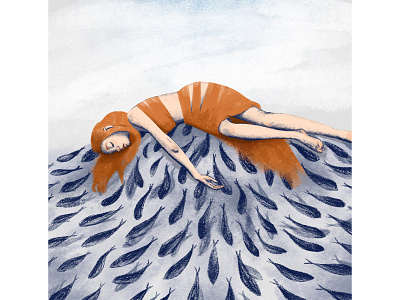 Girl on the pile of fish fish girl illustration