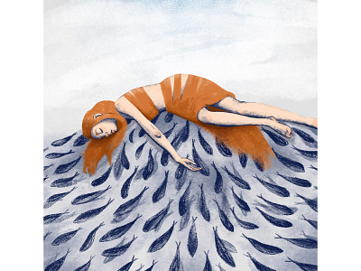 Girl on the pile of fish