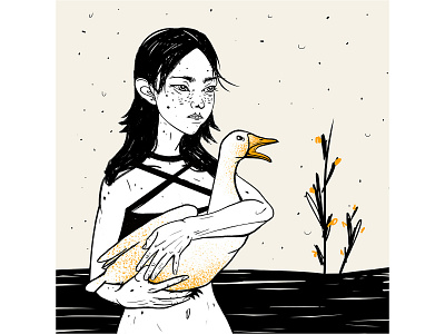 Girl With Goose asian girl goose illustration portrait