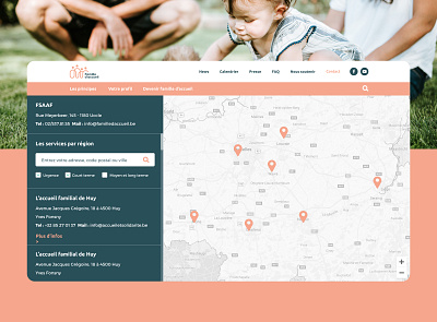"Famille d'accueil" - Map "Find a Foster family" branding colors contact filtering filters find foster foster care foster kids header interface map maps research reseau ux website