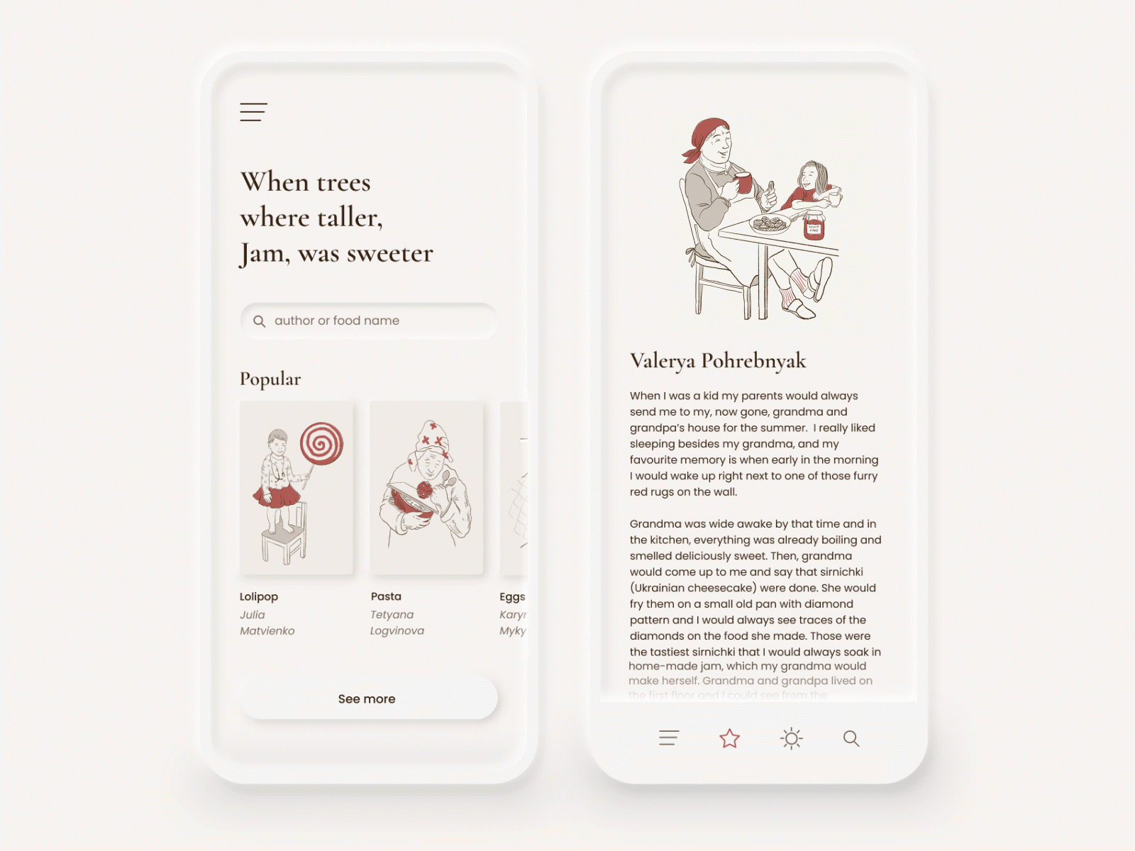 Childhood stories about food book bookdesign character character design digital art flat illustration light mobile mobile ui red ui uidesign uidesigns uiux ux