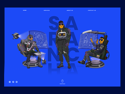 Characters for Sarancha agency blue boots chair character character design cyberpunk dark dark ui design digital art future hightech illustration landing men orange screens ui urban web