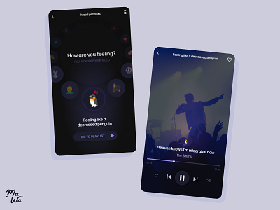 Mood Playlist 🐧🎵 - Music Player app circles dark darkmode design emoji interaction interface mobile mood penguin player playlist ui userexperience userinterface ux
