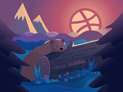 Hello Dribbble! bear gradient hello dribble illustration invite mountains sunset vector wood