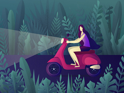 Thai girl on scooter girl illustration jungle leaves scooter thai