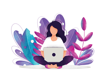 woman working in nature illustration illustration ipad pro laptop leaves nature procreate app white woman working