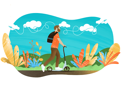 a man riding a scooter to work illustration ipad pro leaves man nature procreate app riding scooter thoughts