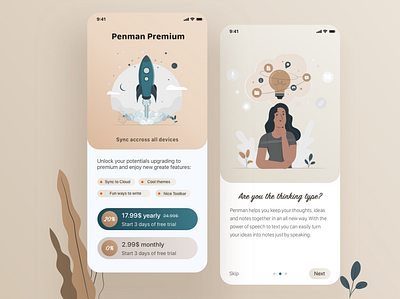 Intro and Premium page of Penman App app design ios note note taking notebook penman sketch ui ux