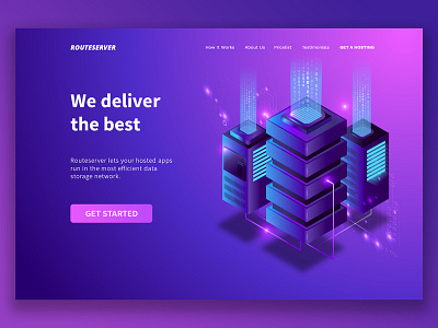 Routeserver Landing Page blue design homepage illustration isometric landing page modern neon pink technology ui ux vector web website