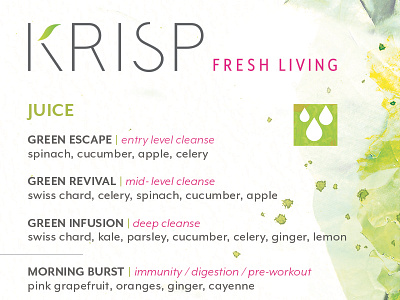 KRISP Fresh Living Menu Design branding cold pressed juice design juice bar logo menu newport beach packaging spa
