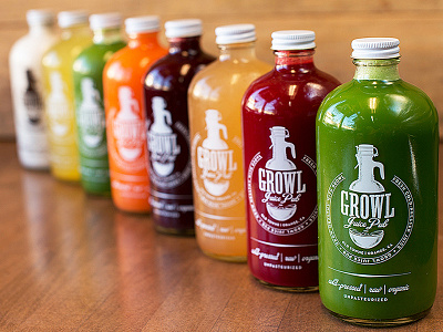 Growl Juice Pub Bottle Packaging branding cold pressed glass bottle juice old town orange packaging recycle screen print