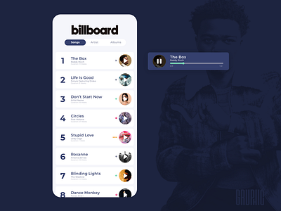 Billboard Top 100 albums app artist billboard chart charts design flat light minimal mobile music music player rankings roddy ricch songs top 100 ui