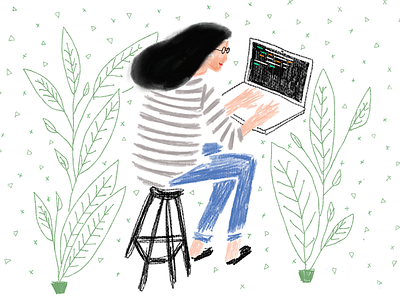 Female Engineer analog code female coder hand drawn human illustration office plants work
