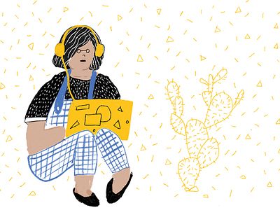 Yellow drawing hand drawn headphones human illustration laptop pattern sitting work yellow