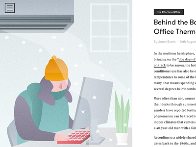 Behind the Battle Over the Office Thermostat ac cold cool editorial illustration laptop plants vector winter